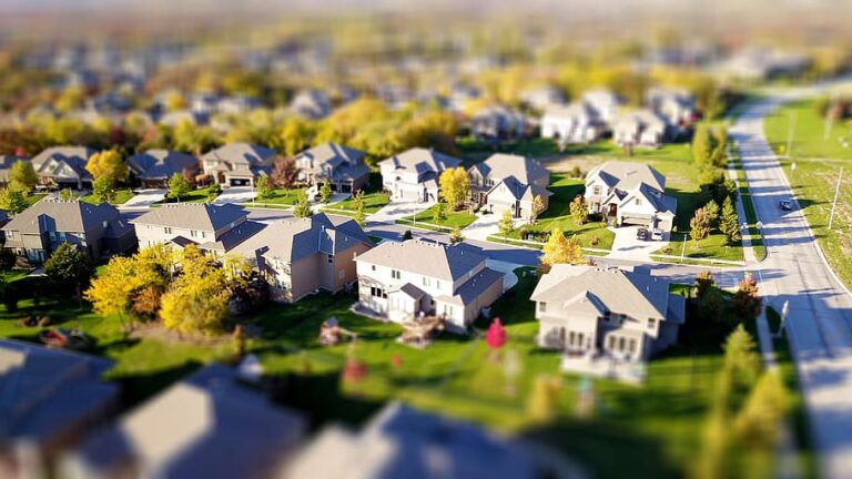 An aerial view of a suburban neighborhood